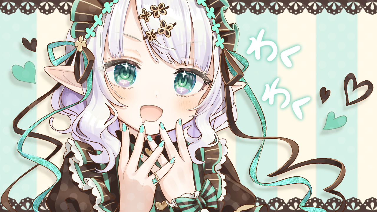 shuu (syuuuuuuuuuu), original, commentary request, 1girl, :d, blush, brown shirt, drooling, green background, green eyes, green nails, hands up, looking at viewer, medium hair, mouth drool, nail polish, open mouth, pointy ears, portrait, purple hair, shirt, smile, solo, striped background, two-tone background, yellow background