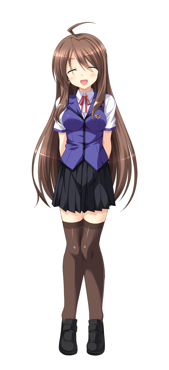 aoi masami, ts magical girl nao, game cg, highres, non-web source, official art, variant set, 1girl, ahoge, arms behind back, black skirt, black thighhighs, blush, brown hair, closed eyes, facing viewer, full body, harukaze mai (tsmg nao!), loafers, long hair, open mouth, pleated skirt, ribbon, school uniform, shoes, short sleeves, skirt, smile, solo, standing, thighhighs, transparent background, very long hair, zettai ryouiki