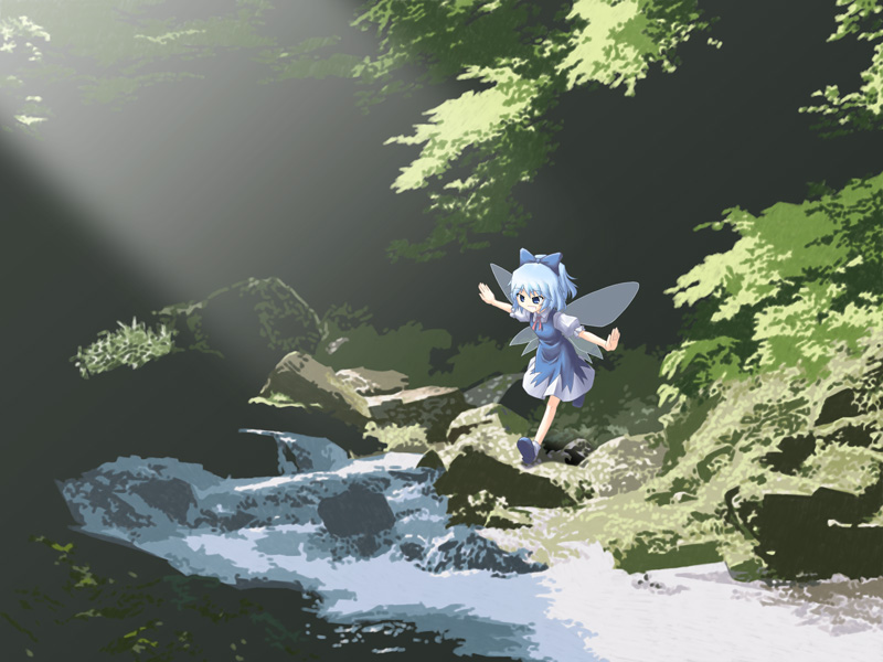 akakage red, red (artist), cirno, embodiment of scarlet devil, touhou, 1girl, blue hair, day, female focus, nature, outdoors, river, scenery, short hair, solo, wide shot, wings