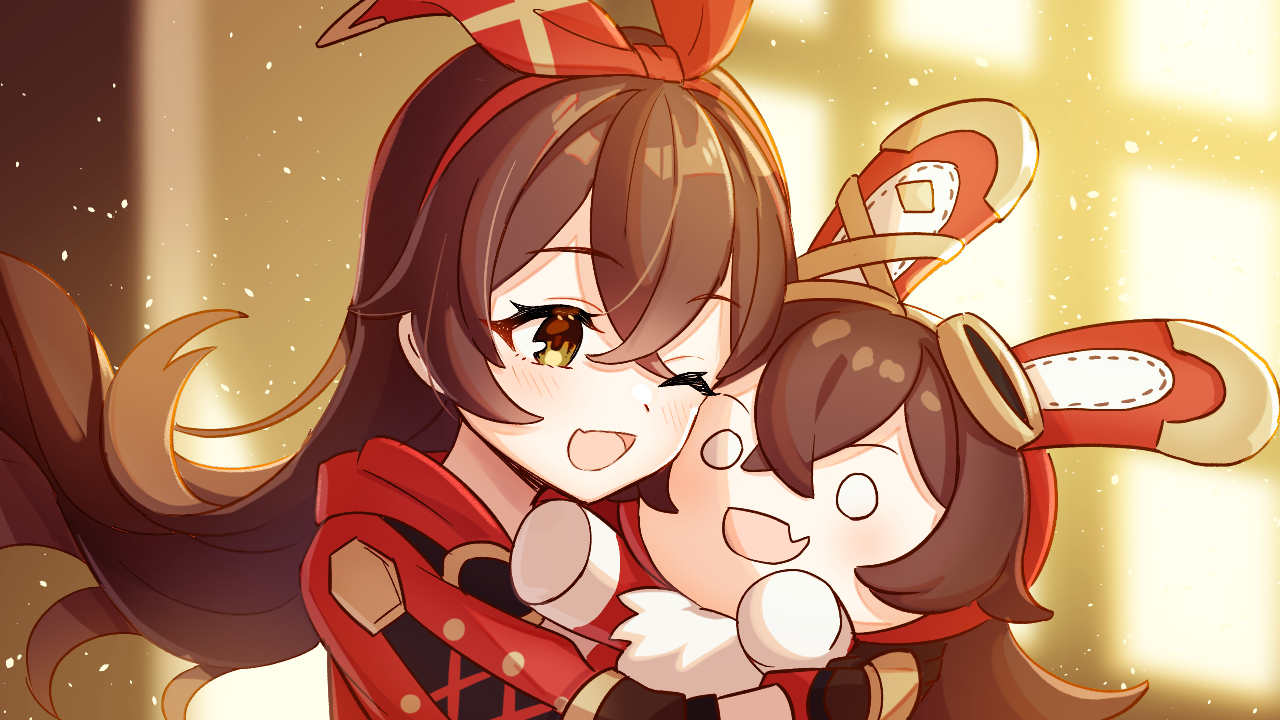 shuu (syuuuuuuuuuu), amber (genshin impact), baron bunny (genshin impact), genshin impact, commentary request, 1girl, ;d, blurry, blurry background, blush, bow hairband, brown eyes, brown hair, crossed bangs, double-parted bangs, fang, hair between eyes, hairband, hugging doll, hugging object, long hair, long sleeves, o o, one eye closed, open mouth, red hairband, red shirt, shirt, skin fang, smile, solo, upper body
