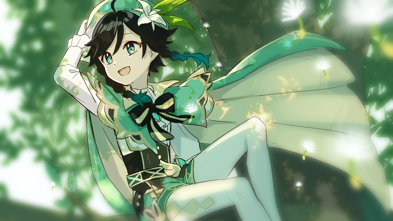 shuu (syuuuuuuuuuu), venti (genshin impact), genshin impact, commentary request, 1boy, :d, ahoge, arm up, black hair, braid, cape, day, feet out of frame, green cape, green eyes, green hair, green hat, green shorts, hat, long sleeves, male focus, medium hair, multicolored hair, open mouth, outdoors, pantyhose, pantyhose under shorts, shirt, shorts, sitting, smile, solo, tree, twin braids, two-tone hair, white pantyhose, white shirt