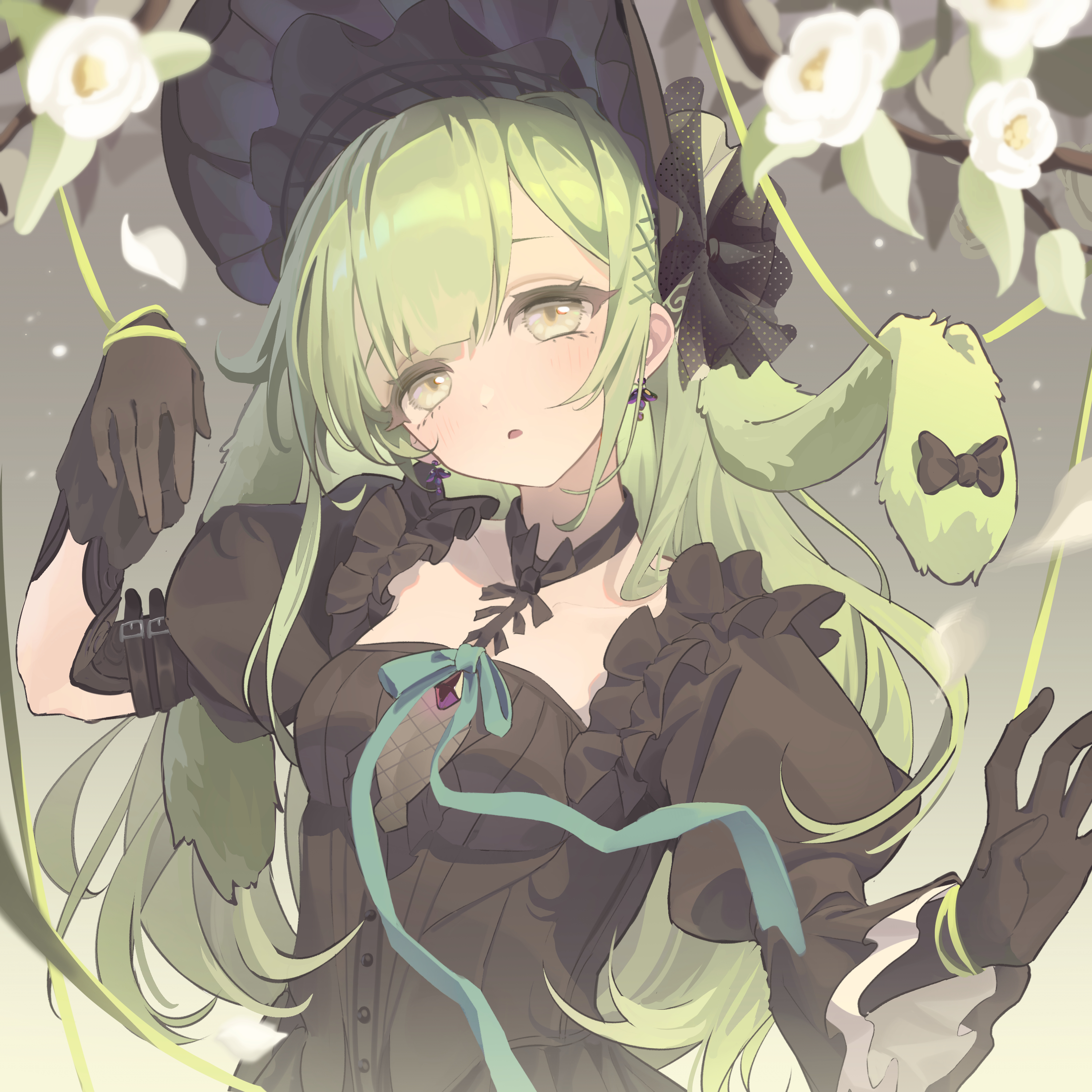 wakaba mutsumi, arknights, bang dream!, bang dream! it's mygo!!!!!, absurdres, chinese commentary, commentary request, highres, 1girl, animal ears, asymmetrical sleeves, black bonnet, black bow, black choker, black dress, black gloves, bonnet, bow, breasts, choker, dress, ear bow, earrings, floppy ears, flower, gloves, gothic lolita, green hair, grey background, hair ornament, he gou pin hao fan, jewelry, juliet sleeves, lolita fashion, long hair, long sleeves, looking at viewer, medium breasts, puffy sleeves, puppet strings, rabbit ears, rabbit girl, sidelocks, solo, upper body, wakaba mutsumi (marionette's id), white flower, x hair ornament, yellow eyes