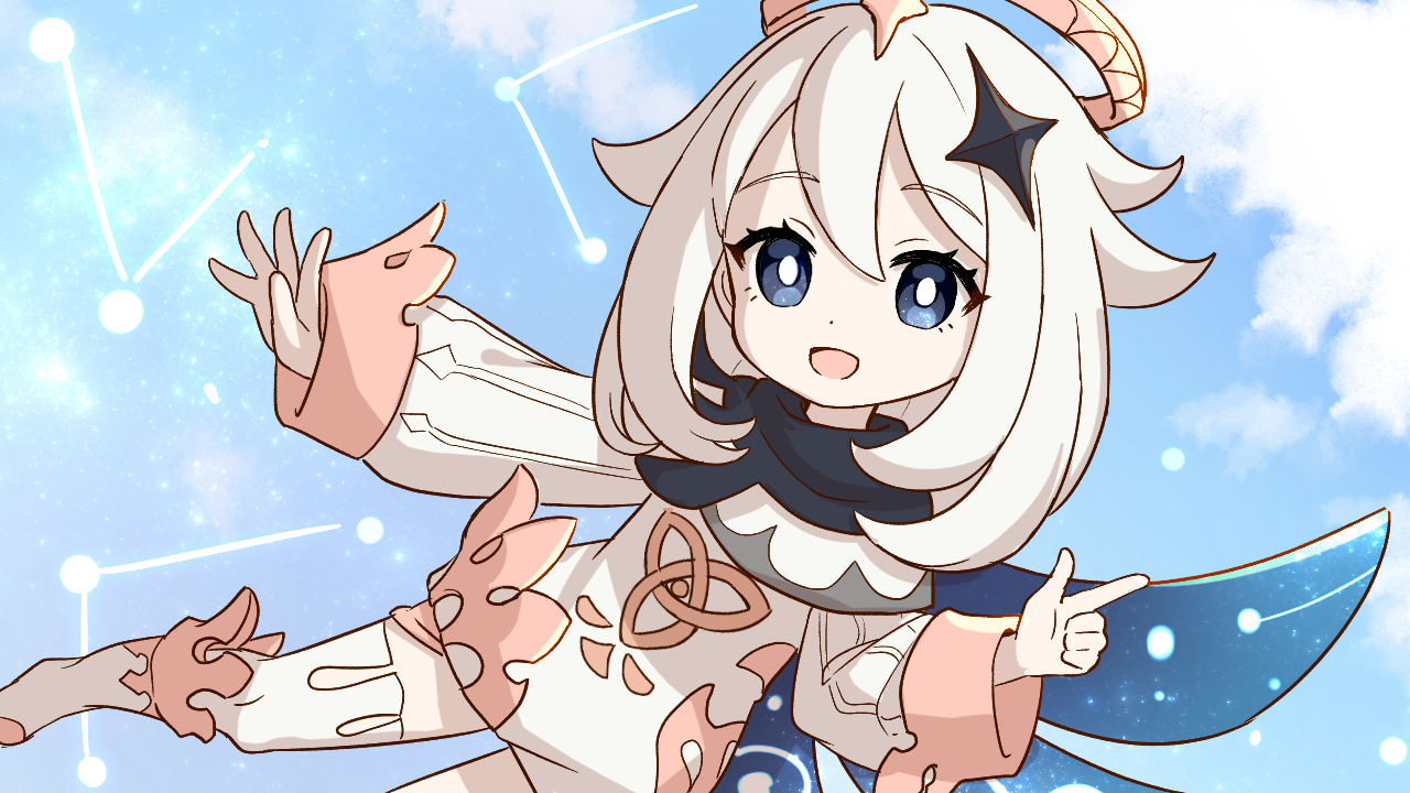 shuu (syuuuuuuuuuu), paimon (genshin impact), genshin impact, commentary request, 1girl, :d, blue eyes, blue scarf, blue sky, blue wings, boots, bright pupils, cloud, day, double-parted bangs, foot out of frame, hair between eyes, halo, long sleeves, looking at viewer, medium hair, open mouth, outdoors, romper, scarf, single wing, sky, smile, solo, sparkle hair ornament, thighhighs, white boots, white hair, white pupils, white romper, white thighhighs, wings, yellow halo