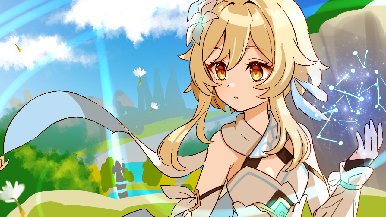 shuu (syuuuuuuuuuu), lumine (genshin impact), genshin impact, commentary request, 1girl, bare shoulders, blonde hair, cloud, day, detached sleeves, dress, hand up, long sleeves, outdoors, parted lips, short hair with long locks, sleeveless, sleeveless dress, solo, upper body, white dress, white sleeves, yellow eyes