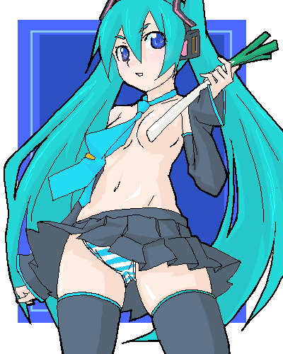 hatsune miku, vocaloid, lowres, long hair, oekaki, panties, solo, spring onion, striped clothes, striped panties, thighhighs, topless female, twintails, underwear, very long hair