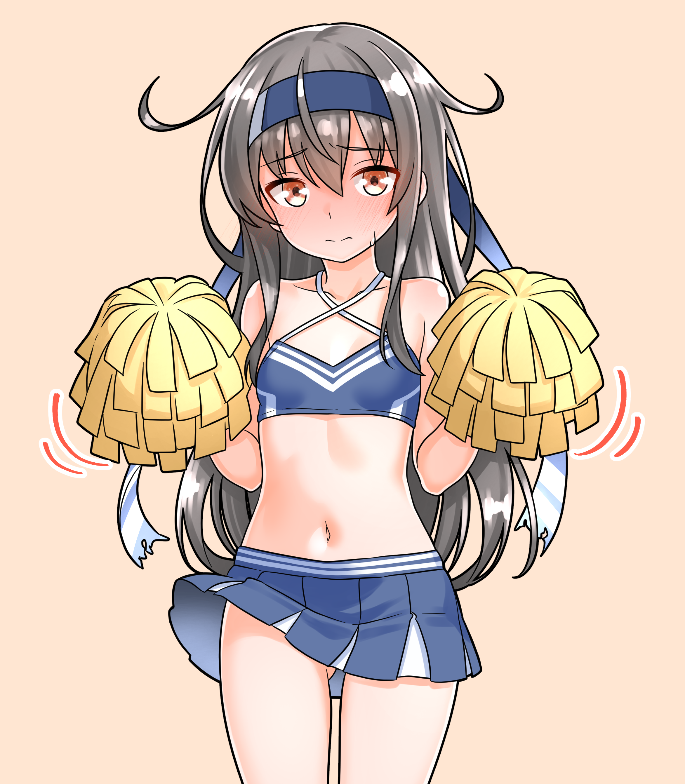 furaggu (frag 0416), hatsushimo (kancolle), kantai collection, absurdres, commentary request, highres, variant set, 1girl, blue hairband, blue skirt, blush, brown eyes, cheerleader, collarbone, gluteal fold, grey hair, hairband, halterneck, hands up, holding, holding pom poms, long hair, looking at viewer, navel, pom pom (cheerleading), pom poms, skirt, solo, stomach, thighs, very long hair, wind, wind lift