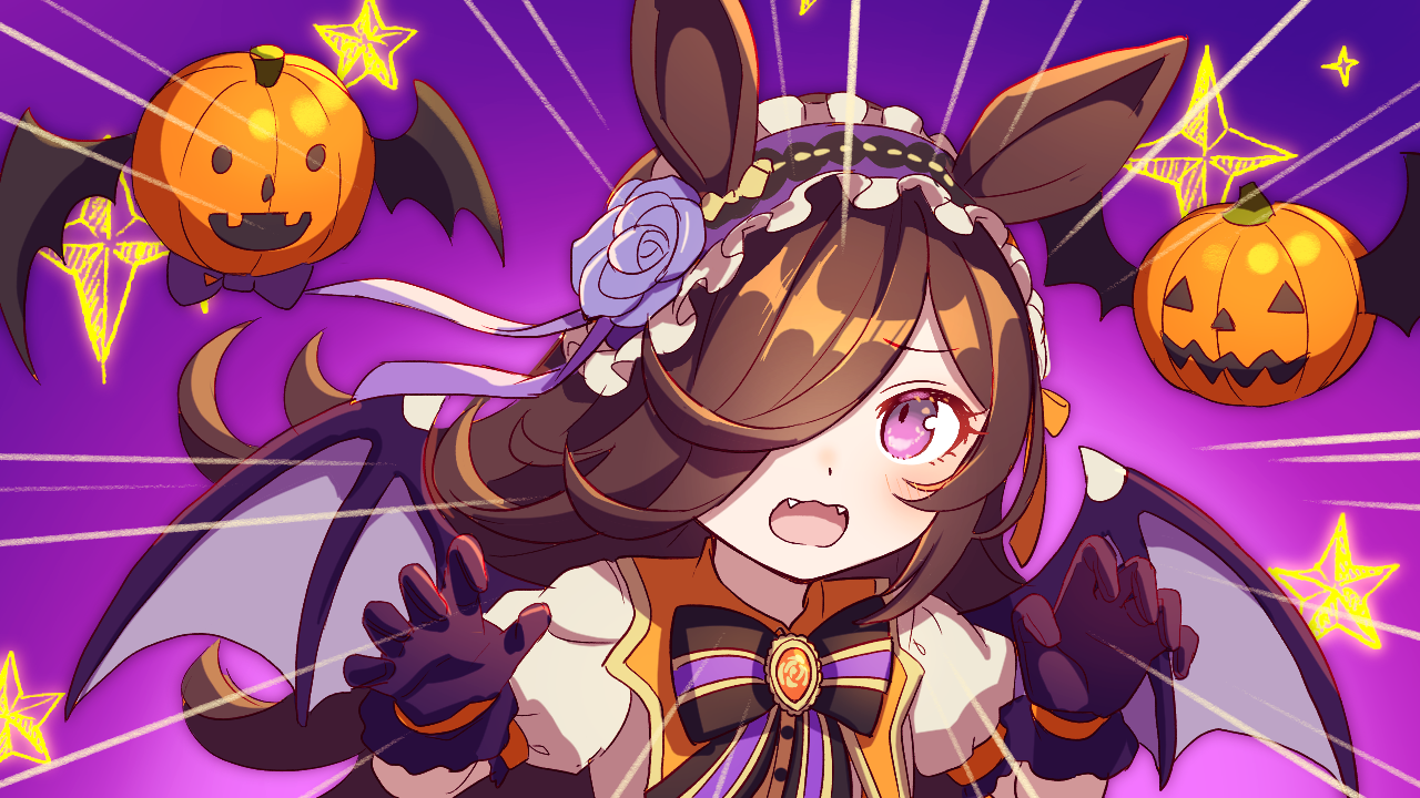shuu (syuuuuuuuuuu), rice shower (umamusume), umamusume, commentary request, 1girl, animal ears, black bow, black bowtie, black gloves, blush, bow, bowtie, brown hair, demon wings, emphasis lines, fangs, frilled hairband, frills, gloves, hair over one eye, hairband, halloween, hands up, horse ears, horse girl, long hair, looking at viewer, open mouth, portrait, pumpkin, purple background, purple eyes, purple hairband, shirt, short sleeves, solo, striped bow, striped bowtie, striped clothes, white shirt, wings