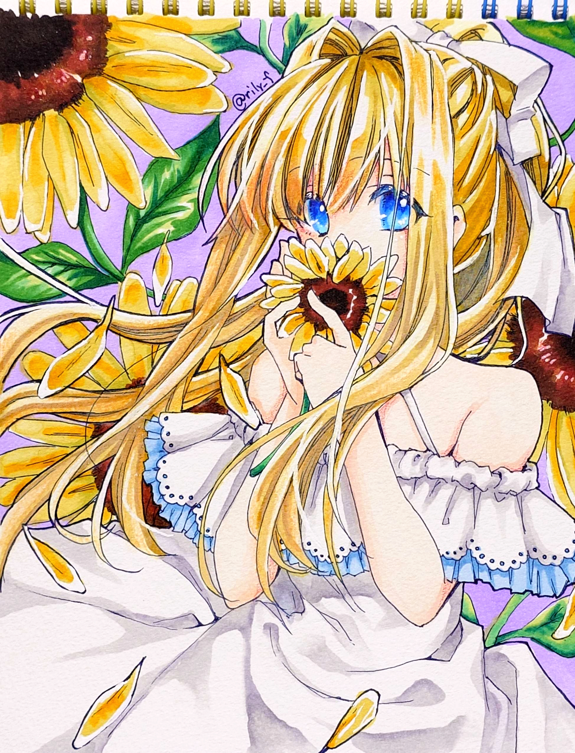 ririi (ai-my talikng), kamio misuzu, air (visual novel), absurdres, commentary request, highres, traditional media, 1girl, alternate costume, bare shoulders, blonde hair, blue eyes, covering own mouth, cowboy shot, dress, eyes visible through hair, falling petals, floating hair, flower, hair between eyes, hair intakes, hair ribbon, hands up, holding, holding flower, long hair, looking at viewer, off-shoulder dress, off shoulder, petals, ponytail, purple background, ribbon, sidelocks, simple background, solo, sundress, sunflower, tareme, twitter username, very long hair, white ribbon