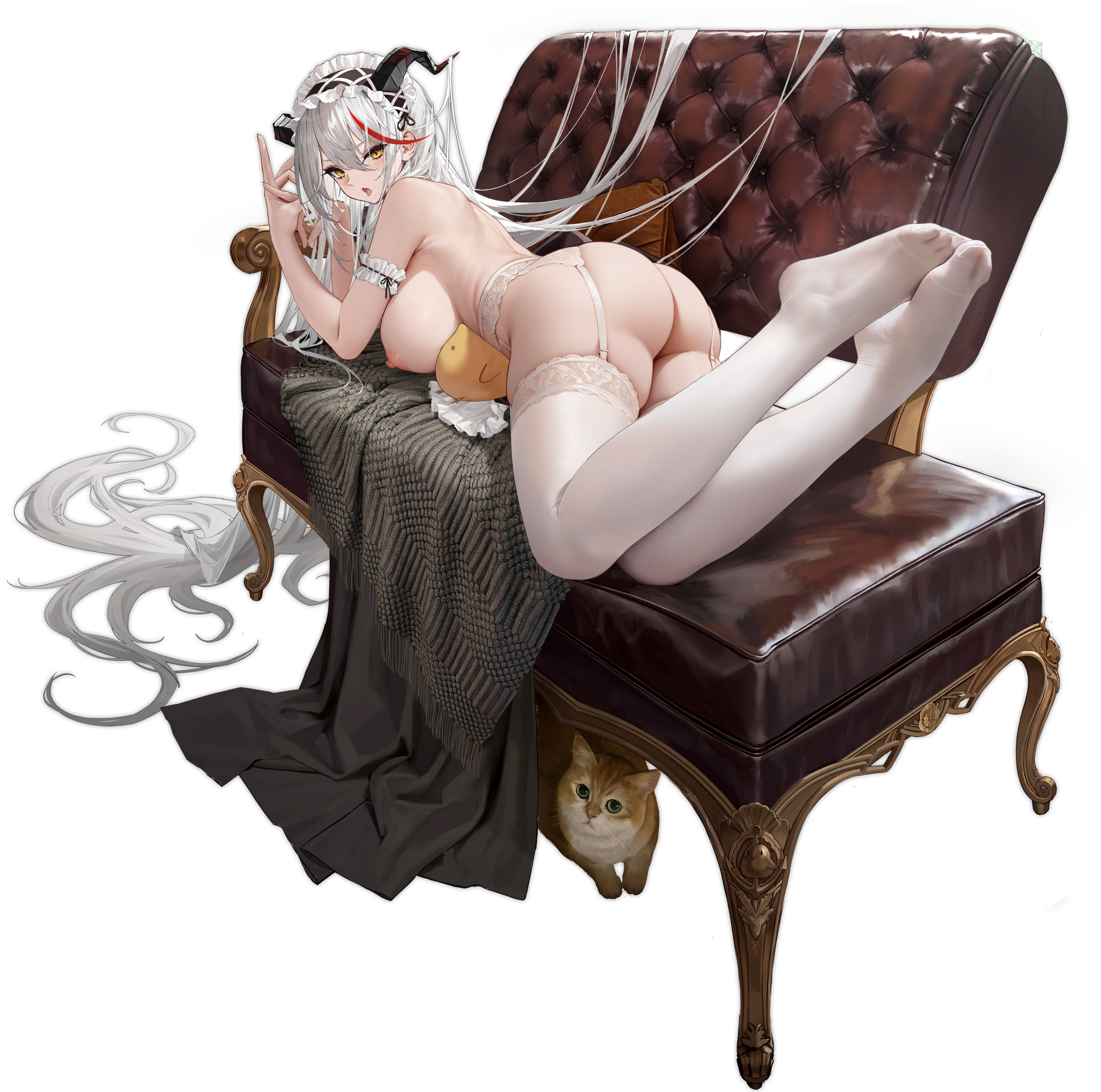 yunsang, aegir (azur lane), aegir (iron blood's dragon maid) (azur lane), manjuu (azur lane), azur lane, highres, nude filter, photoshop (medium), third-party edit, ass, feet, garter belt, horns, maid, nipples, nude, thighhighs, transparent background