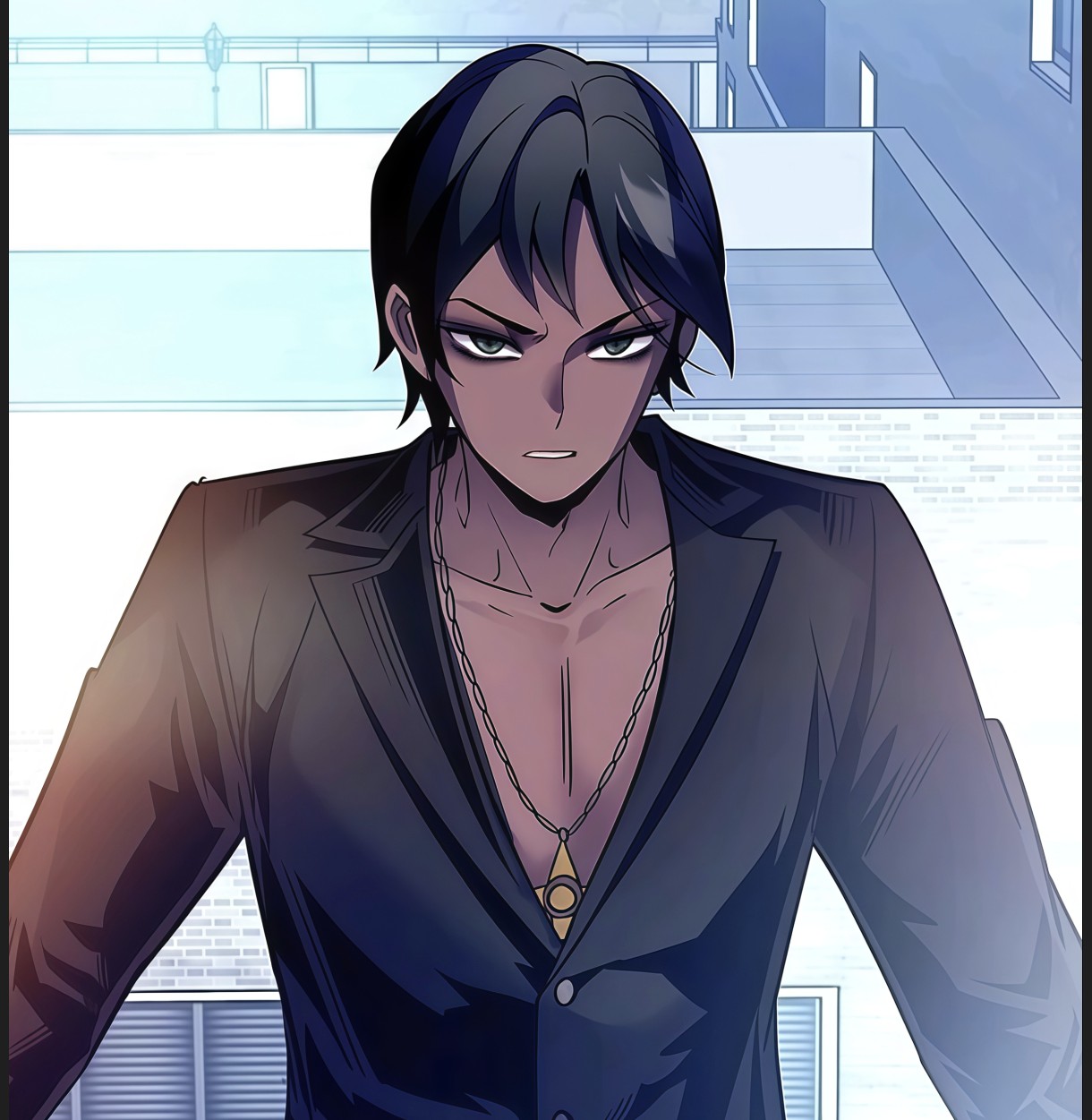 tagme, 1boy, 2boys, angry, black eyes, black hair, black jacket, jacket, jewelry, male focus, multiple boys, necklace, raul gallardo, villain to kill