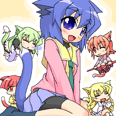 k10k, behoimi, media (pani poni), miyata akira, nanjou misao, serizawa akane, pani poni dash!, lowres, 00s, 5girls, animal ears, blonde hair, blue eyes, blue hair, cat ears, cat tail, multiple girls, school uniform, serafuku, short hair, shorts, shorts under skirt, tail