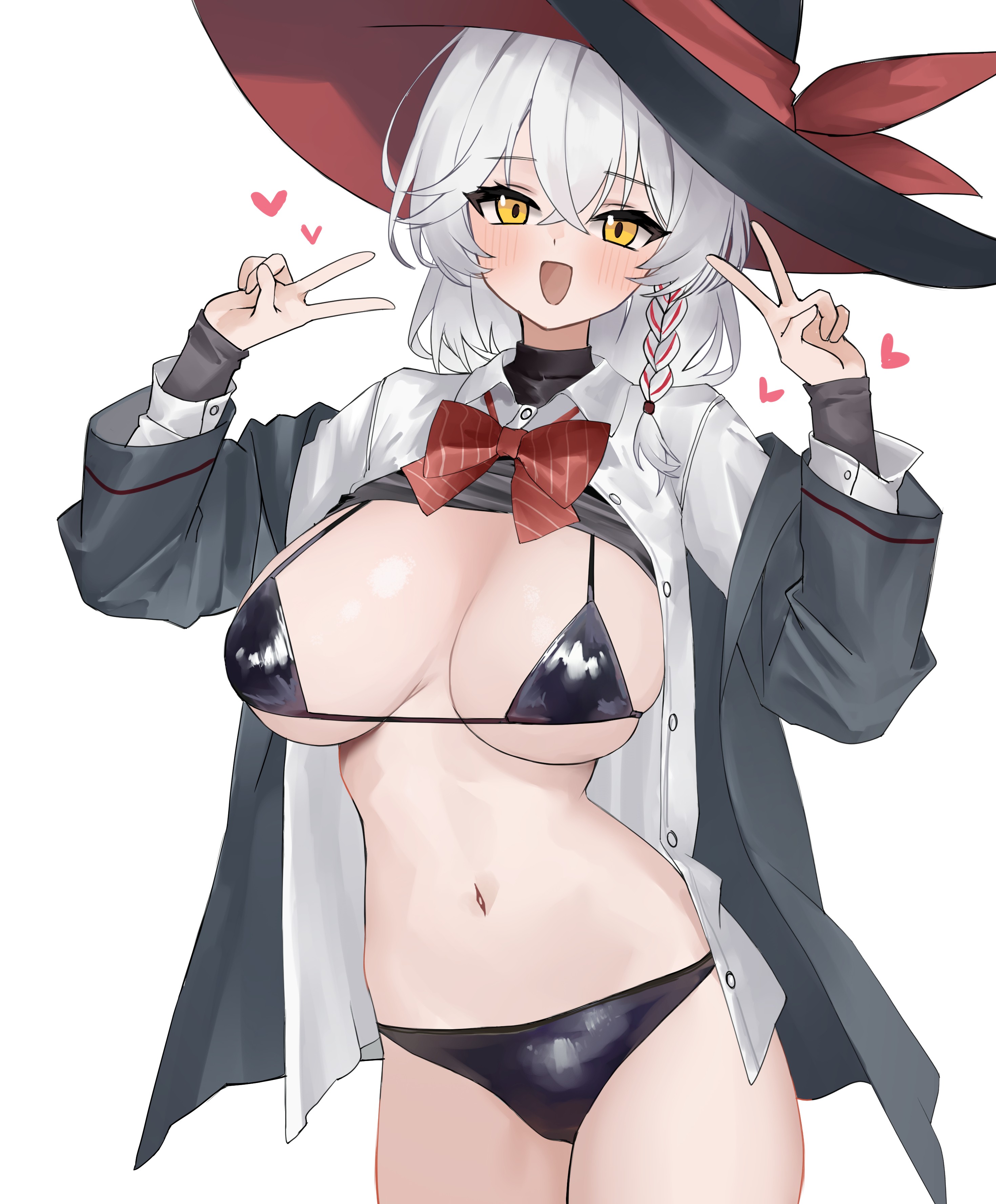 ritaiya, eri (blue archive), blue archive, absurdres, highres, 1girl, bikini, black bikini, bow, bowtie, brown halo, diagonal-striped bow, diagonal-striped bowtie, diagonal-striped clothes, double v, halo, hat, heart, long hair, open clothes, open shirt, red bow, red bowtie, red streaks, side halo, smile, string bikini, striped bow, striped bowtie, striped clothes, swimsuit, tilted halo, two-sided fabric, two-sided headwear, unbuttoned jacket, v, white background, white hair, wild hunt academy of arts logo, witch hat