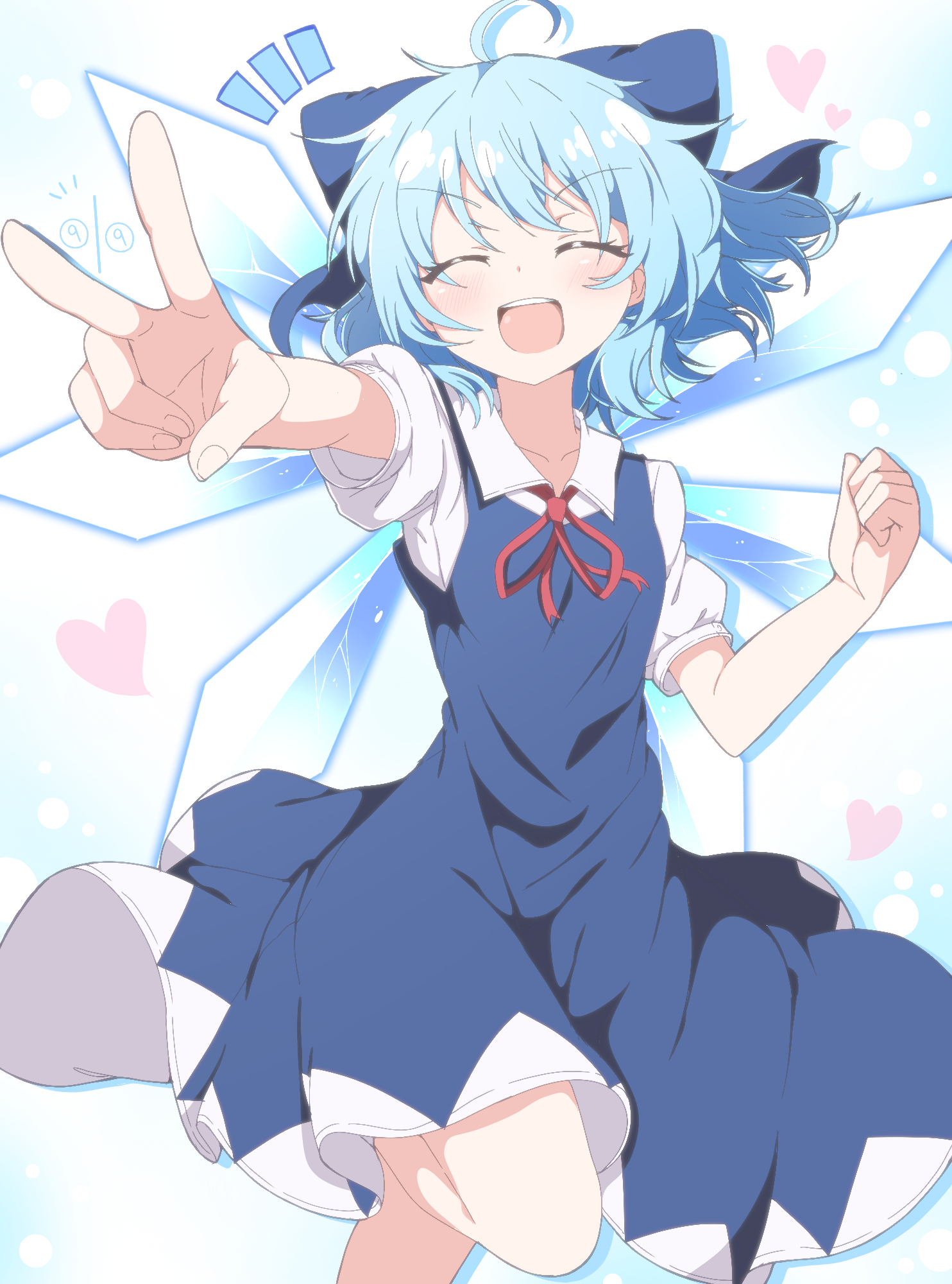 do (4-rt), cirno, touhou, commentary request, highres, 1girl, :d, ^ ^, ahoge, blue bow, blue dress, blue hair, blush, bow, cirno day, clenched hand, closed eyes, collared shirt, dated, dress, drop shadow, eyelashes, facing viewer, floating hair, foot out of frame, hair between eyes, hair bow, hand up, happy, heart, huge bow, ice, ice wings, medium hair, neck ribbon, notice lines, open mouth, outstretched arm, puffy short sleeves, puffy sleeves, red ribbon, ribbon, shirt, short sleeves, simple background, sleeveless, sleeveless dress, smile, solo, star (symbol), teeth, upper teeth only, v, v-shaped eyebrows, white background, white shirt, wings