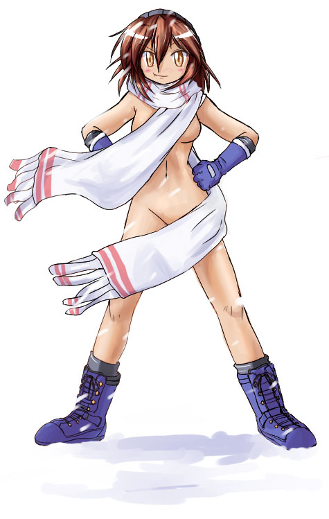 kanakana, kusakabe misao, lucky star, 00s, 1girl, blue boots, boots, breasts, brown hair, censored, convenient censoring, fang, female focus, gloves, hands on own hips, naked scarf, navel, nude, scarf, short hair, snow, snowing, solo, yellow eyes