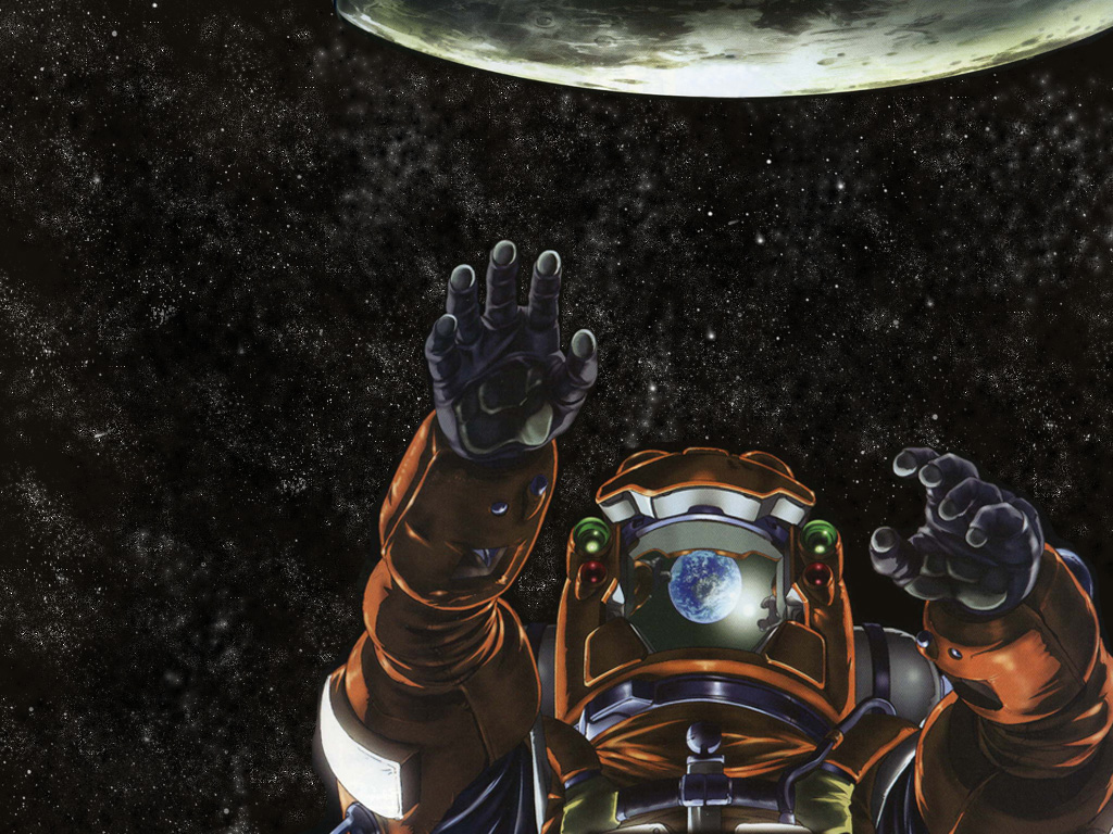 planetes, gender request, androgynous, astronaut, earth (planet), epic, moon, reaching, realistic, reflection, science fiction, solo, space, spacesuit, star (sky), star (symbol), zero gravity