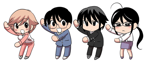 watashiya kaworu, aoki daisuke, houin kyouko, kokonoe reiji, shirai sae, kodomo no jikan, bad source, official art, 00s, 2boys, 2girls, :d, ahoge, arms up, black hair, collared shirt, dancing, dress shirt, formal clothes, grin, jacket, long sleeves, looking at viewer, multiple boys, multiple girls, open mouth, pants, pencil skirt, ponytail, shirt, simple background, skirt, smile, standing, suit, teacher, the monkey, track jacket, track pants, track suit, white background, white shirt