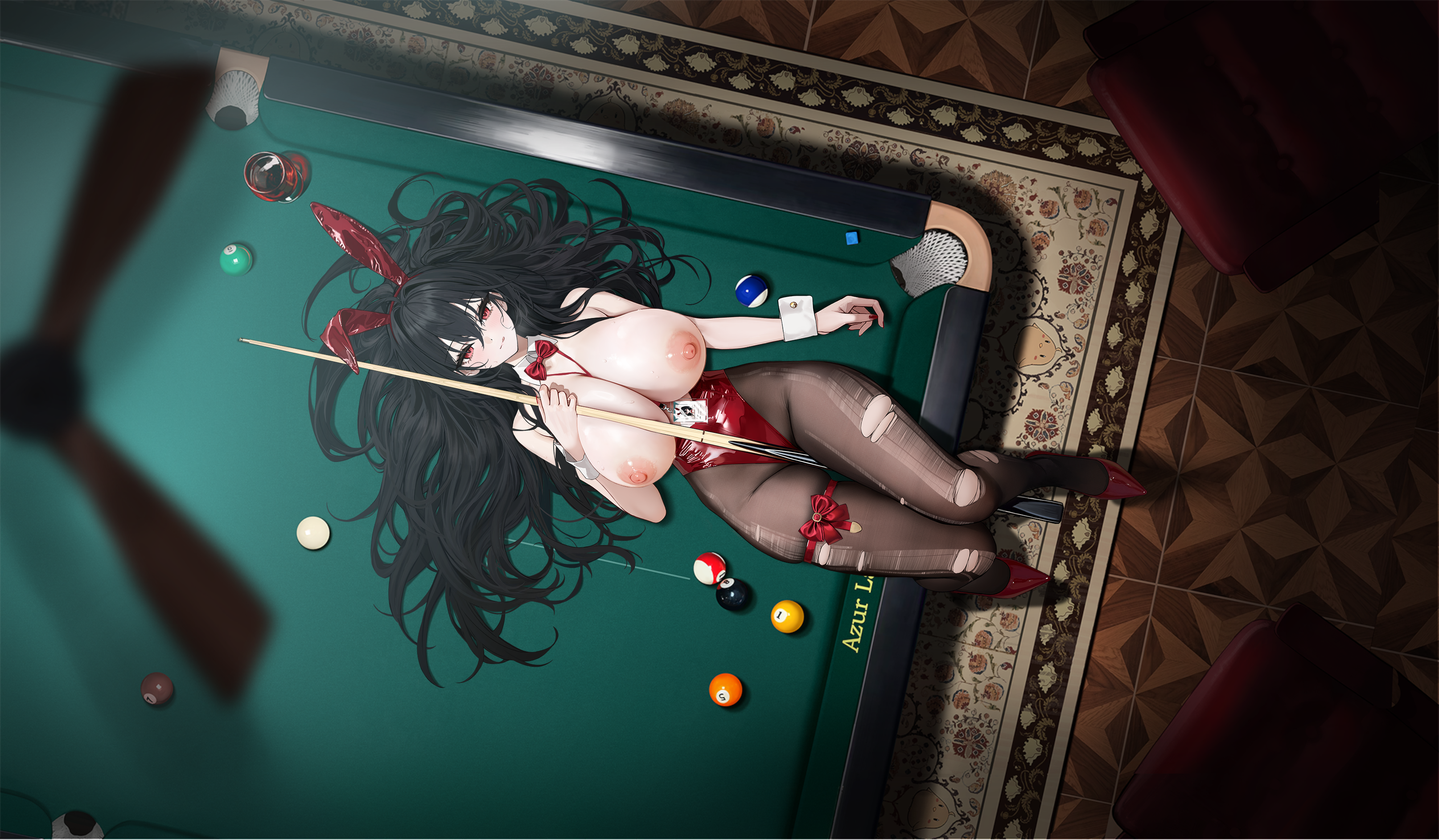 yunsang, taihou (azur lane), taihou (fun on the baize) (azur lane), azur lane, absurdres, highres, nude filter, photoshop (medium), third-party edit, animal ears, breasts, feet, garter belt, large breasts, maid, nipples, no bra, pantyhose, rabbit ears, rabbit girl, torn clothes, wet