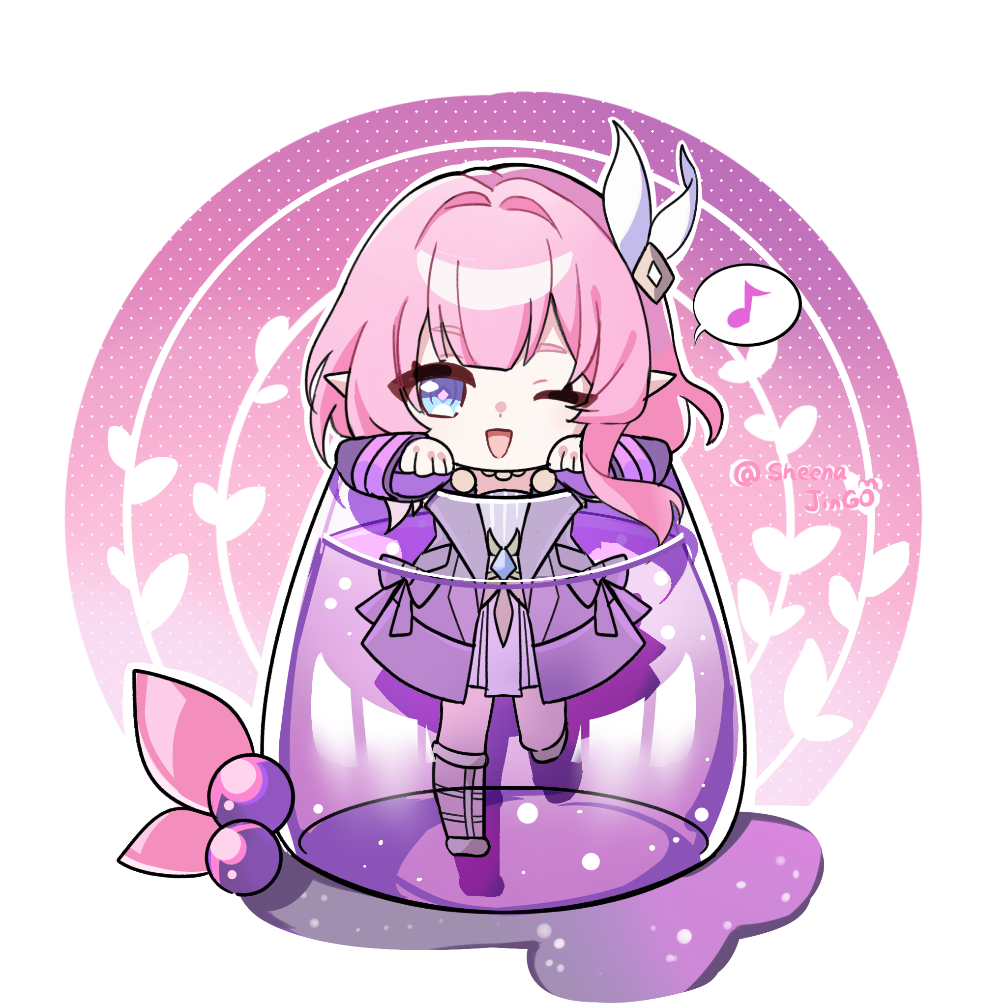 zhui ming jin ge, cyrene (honkai: star rail), honkai: star rail, honkai (series), highres, 1girl, artist name, blue eyes, coat, cup, cyrene (aedes elysiae) (honkai: star rail), dress, eighth note, food, fruit, grapes, hair ornament, long sleeves, musical note, one eye closed, open mouth, pink hair, pink pupils, pointy ears, purple coat, solo, speech bubble, standing