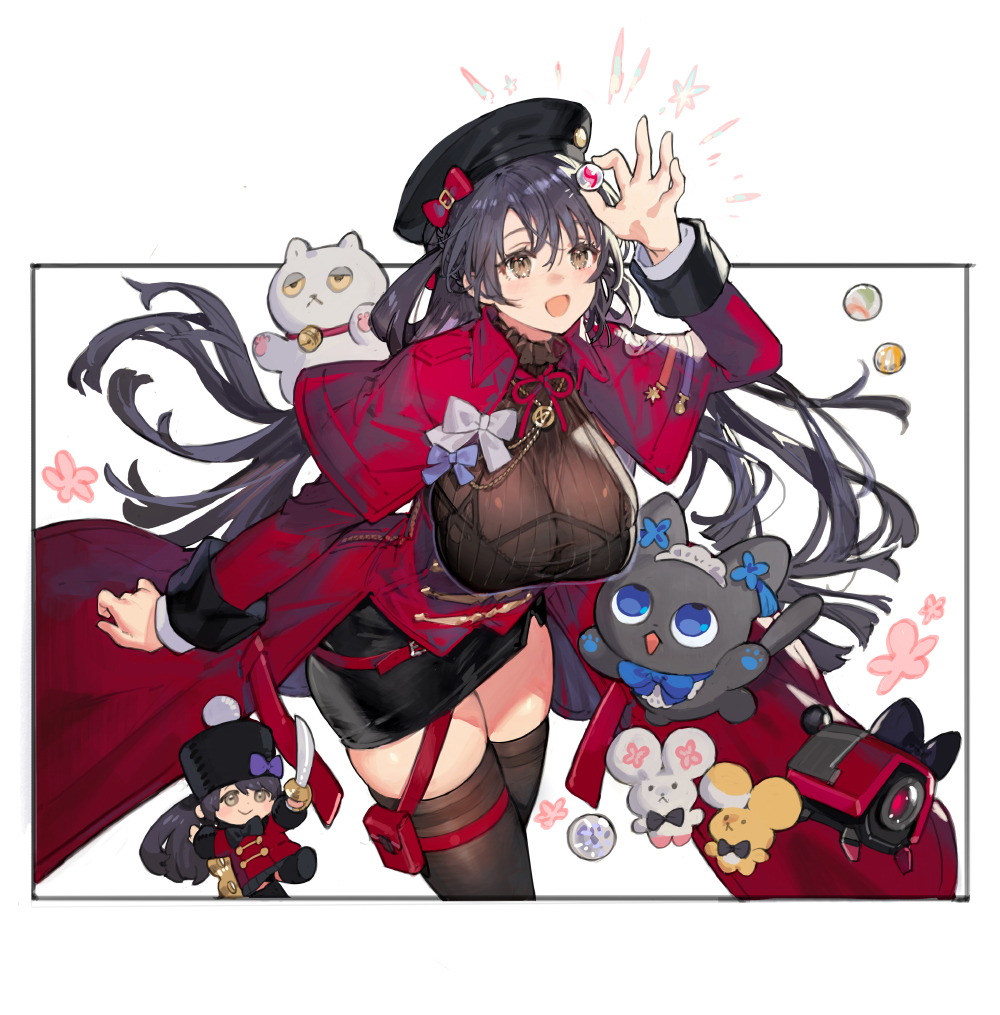 starshadowmagician, dinergate (girls' frontline), lewis (girls' frontline), girls' frontline, girls' frontline neural cloud, chinese commentary, commentary request, 1girl, black hair, black hat, black skirt, bow, breasts, brown eyes, brown thighhighs, character doll, cleavage, doll, hat, hat bow, large breasts, lewis (neural cloud), marble (toy), open mouth, outside border, pencil skirt, red bow, skirt, solo, thighhighs