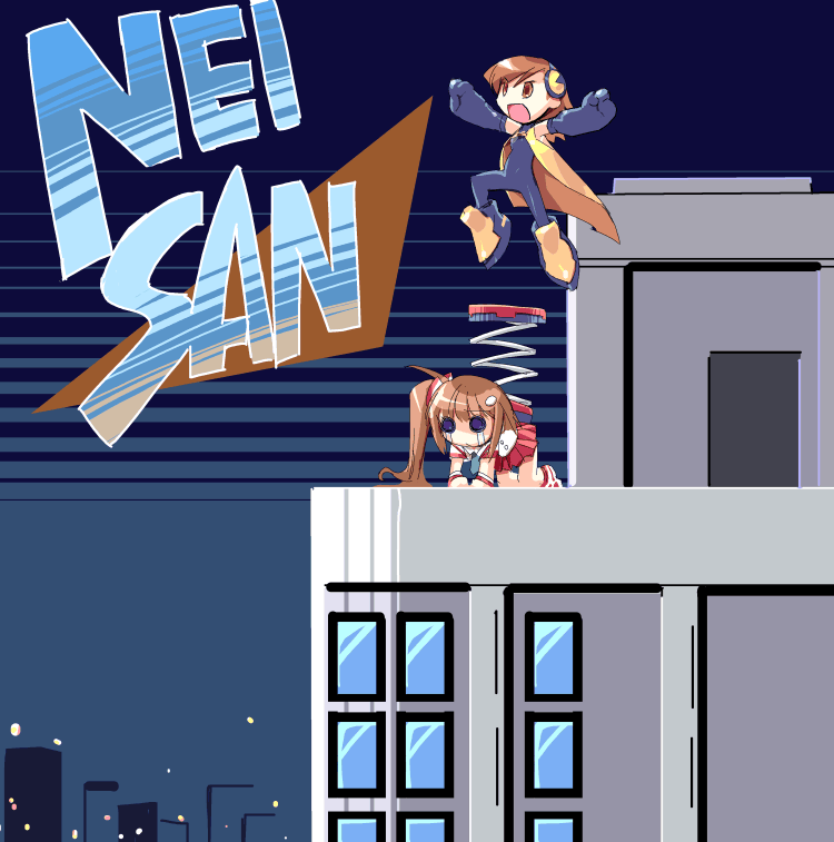 ein (artist), ein (long cake), springs, izen, nei, nei (gadget trial), capcom, gadget trial, mega man (classic), mega man (series), 2girls, :d, bent over, brown hair, building, cityscape, full body, jumping, multiple girls, open mouth, outdoors, parody, pleated skirt, red skirt, rooftop, sailor collar, school uniform, serafuku, short hair, skirt, smile, spring (object), tears, twintails