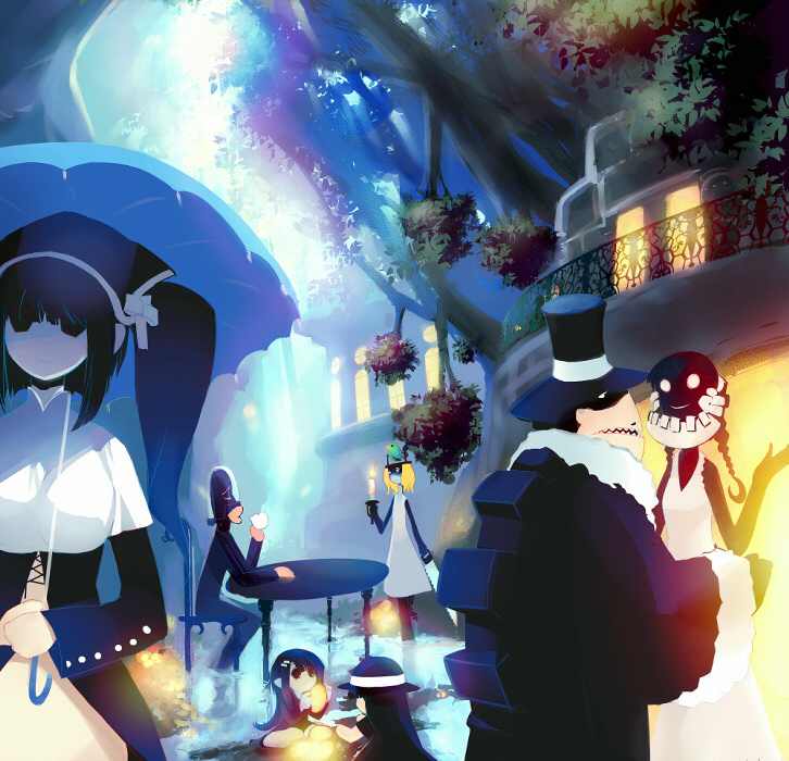 ein (artist), ein (long cake), light, 2boys, 5girls, bird, candle, cloud, creepy, fantasy, forest, gears, horror (theme), maid, multiple boys, multiple girls, nature, sky, surreal, tree, umbrella