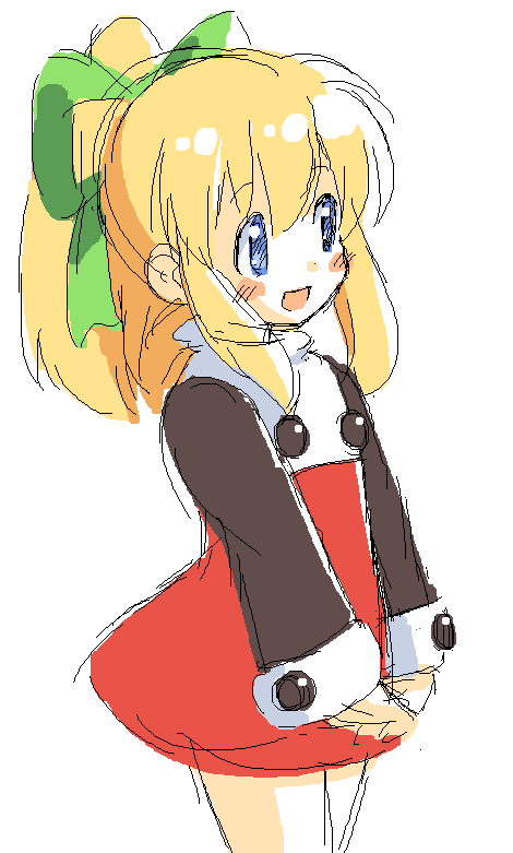 inou shin, roll (mega man), capcom, mega man (classic), mega man (series), 1girl, :d, blonde hair, blue eyes, blush, dress, female focus, hair ribbon, oekaki, open mouth, ponytail, red skirt, ribbon, sidelocks, simple background, skirt, smile, solo, v arms