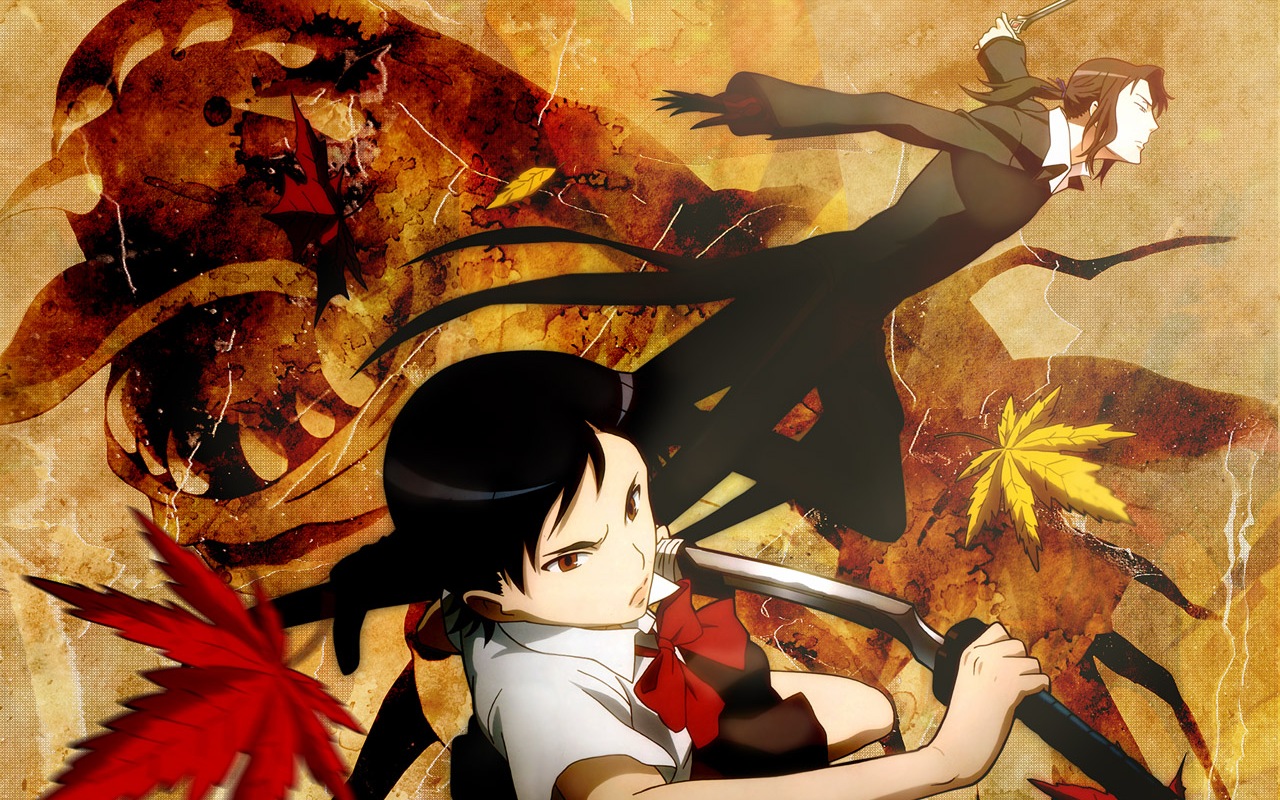 hagi (blood+), otonashi saya, blood+, 00s, black hair, formal clothes, katana, red eyes, school uniform, serafuku, short hair, suit, sword, weapon