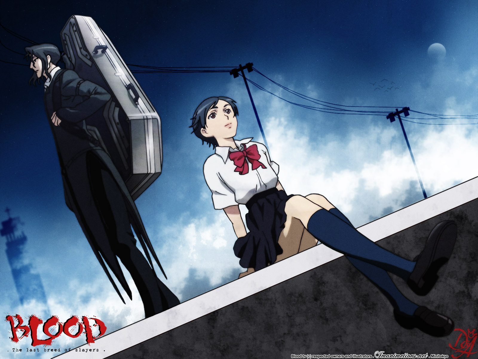 hagi (blood+), otonashi saya, blood+, wall, highres, 00s, black hair, cello, instrument, instrument case, red eyes, school uniform, serafuku, short hair, sky