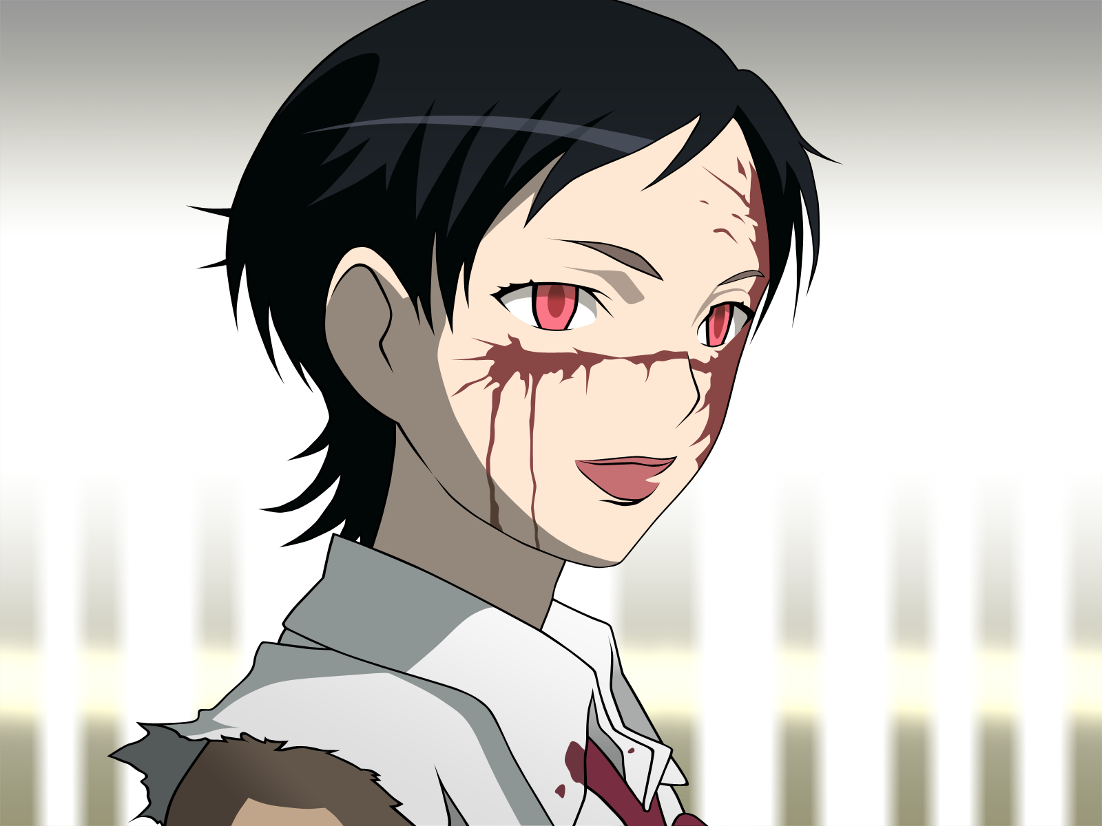 otonashi saya, blood+, derivative work, highres, vector trace, 00s, black hair, blood, blood on face, red eyes, school uniform, serafuku, short hair, smile, solo, torn clothes