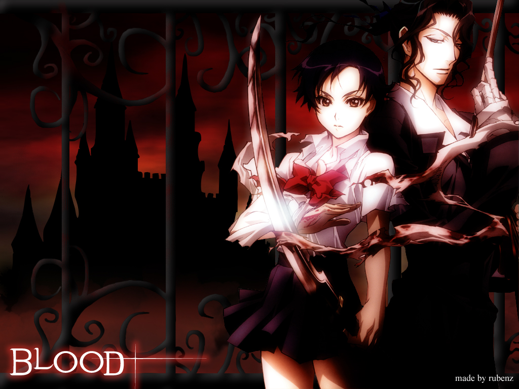 hagi (blood+), otonashi saya, blood+, 00s, black hair, castle, katana, school uniform, serafuku, short hair, sword, weapon