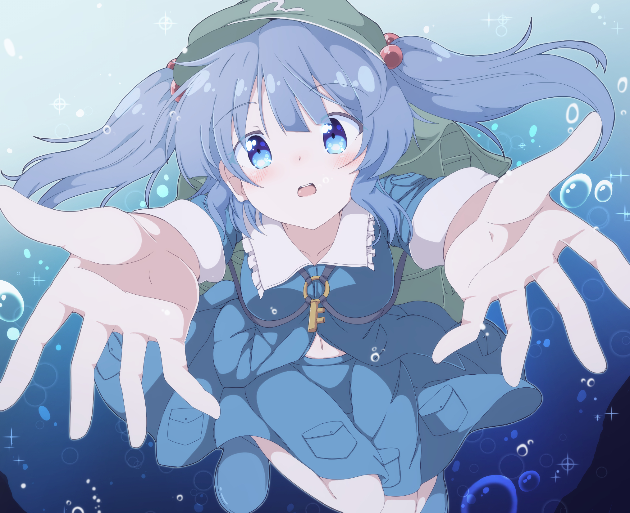 do (4-rt), kawashiro nitori, touhou, commentary request, highres, 1girl, air bubble, backpack, bag, blue boots, blue eyes, blue hair, blue shirt, blue skirt, blunt bangs, blush, boots, bubble, flat cap, floating hair, foreshortening, frilled shirt collar, frills, full body, green bag, green hat, hair bobbles, hair ornament, hat, incoming hug, key, knees together feet apart, long sleeves, looking at viewer, medium hair, navel, open mouth, outstretched arms, outstretched hand, rubber boots, shirt, sidelocks, skirt, solo, sparkle, straight-on, teeth, two side up, underwater, upper teeth only
