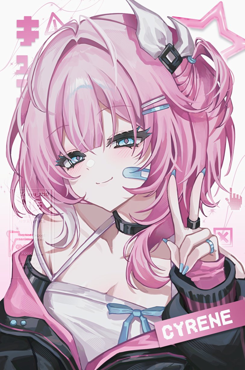 touyu 1210, cyrene (honkai: star rail), honkai: star rail, honkai (series), highres, 1girl, alternate costume, bandaid, bandaid on cheek, bandaid on face, bare shoulders, black choker, black jacket, blue eyes, breasts, character name, choker, cleavage, hashtag, jacket, pink hair, shirt, small breasts, solo, upper body, v, white background, white shirt