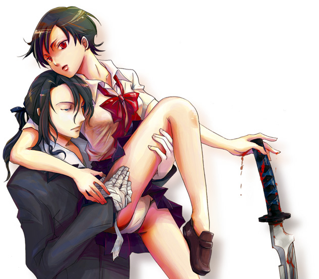 hagi (blood+), otonashi saya, blood+, 00s, 1boy, 1girl, black hair, blood, cuts, formal clothes, injury, katana, leg grab, leg lift, panties, pantyshot, red eyes, ribbon, school uniform, serafuku, short hair, sidelocks, suit, sword, underwear, vampire, weapon