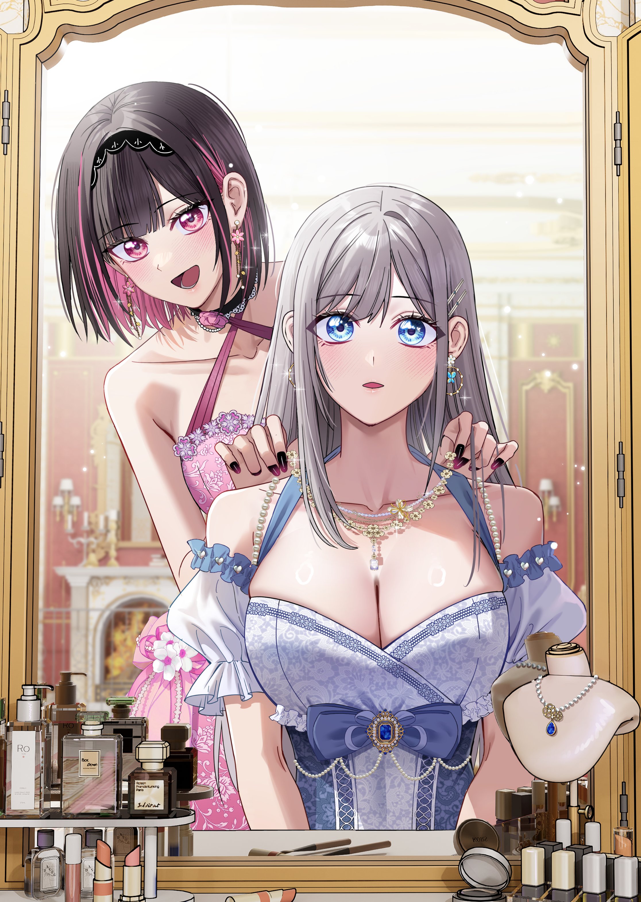 jovei, saotome shino (shino to ren), shirayuki ren, shino to ren, absurdres, chinese commentary, commentary request, highres, 2girls, black hair, black hairband, black nails, blue dress, blue hair, blush, breasts, cleavage, detached sleeves, dress, earrings, gradient nails, hairband, jewelry, large breasts, long hair, makeup, mirror, multiple girls, nail polish, necklace, open mouth, pink dress, pink eyes, sidelocks, sleeveless, sleeveless dress