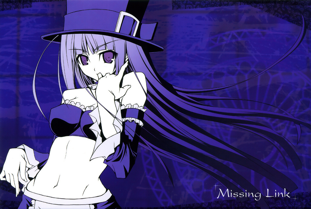 shingo (missing link), ingrid (capcom), capcom, capcom fighting jam, 1girl, bare shoulders, breasts, detached sleeves, female focus, flat color, hat, long hair, midnight bliss, midriff, monochrome, purple hair, solo, top hat