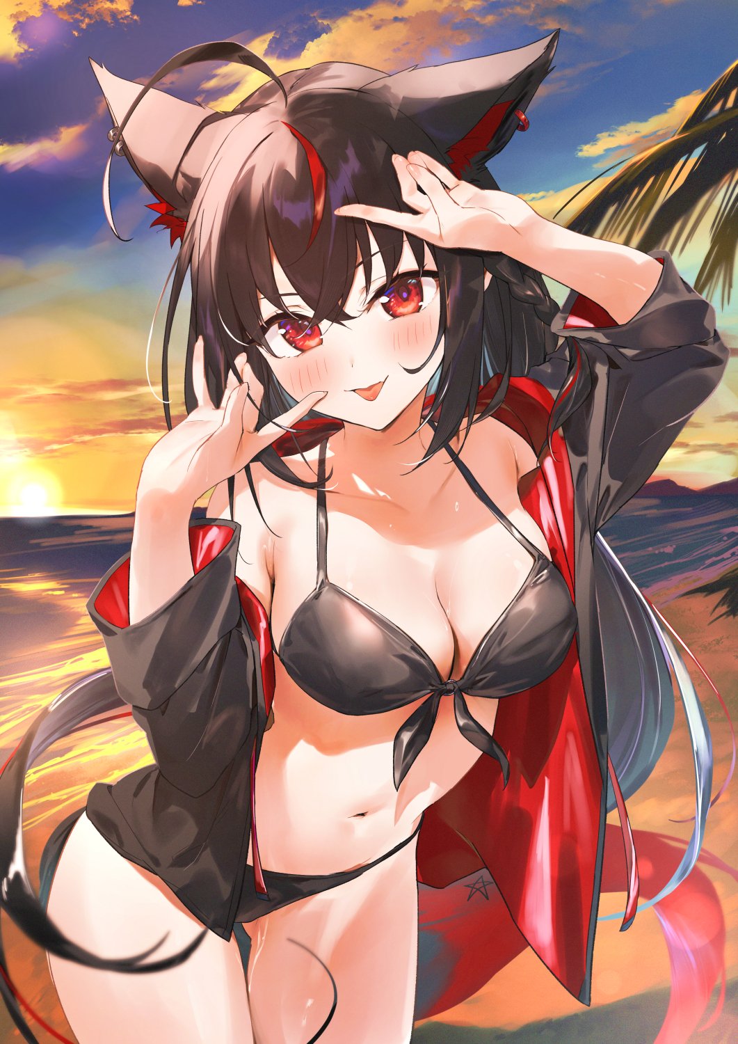 kasumi komo, kurokami fubuki, hololive, commentary, highres, 1girl, ahoge, animal ear fluff, animal ear piercing, animal ears, beach, bikini, black bikini, black hair, black jacket, blush, braid, breasts, cleavage, closed mouth, cloud, collarbone, cowboy shot, dark persona, dawn, fox ears, fox girl, fox tail, front-tie bikini top, front-tie top, hands up, jacket, large breasts, long hair, long sleeves, looking at viewer, navel, ocean, open clothes, open jacket, outdoors, red eyes, short hair, sky, smile, solo, swimsuit, tail, tongue, tongue out, two-sided fabric, two-sided jacket, virtual youtuber