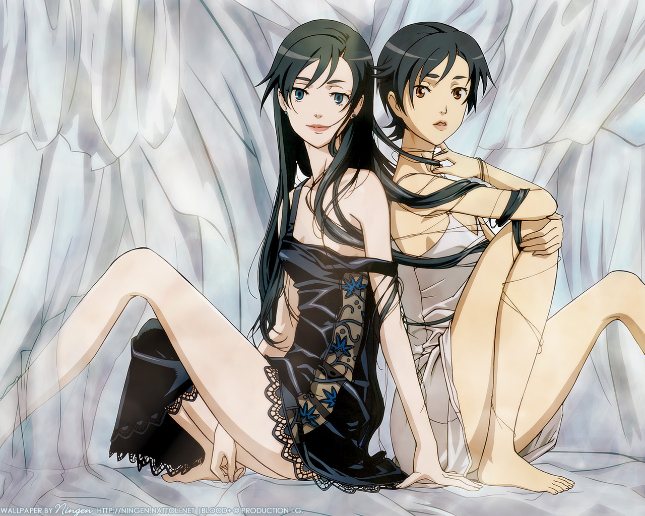 diva, diva (blood+), otonashi saya, blood+, 00s, 2girls, black hair, blue eyes, lace, lingerie, long hair, multiple girls, nightgown, red eyes, see-through clothes, short hair, underwear