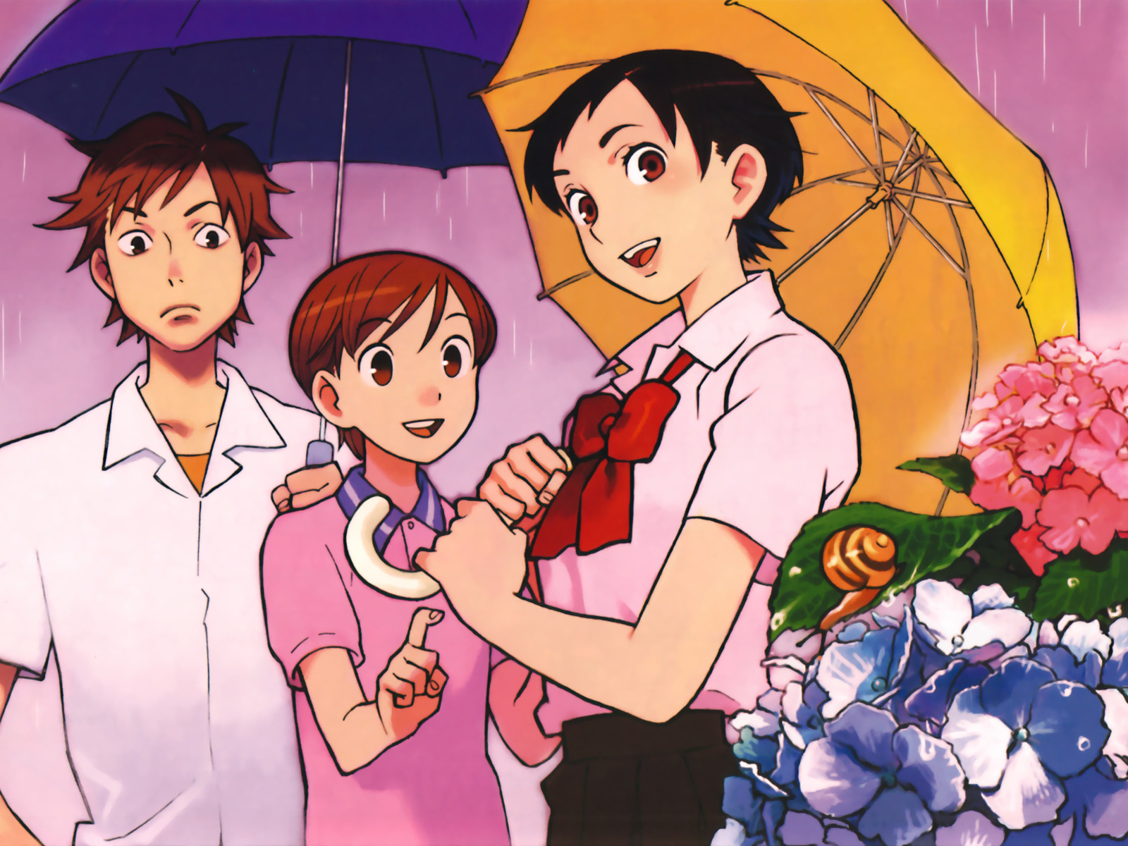 hashii chizu, miyagusuku kai, miyagusuku riku, otonashi saya, blood+, highres, 00s, 1girl, 2boys, aged down, black hair, bow, brown eyes, brown hair, flower, hydrangea, multiple boys, pointing, polo shirt, rain, red eyes, ribbon, school uniform, serafuku, short hair, short sleeves, smile, snail, umbrella