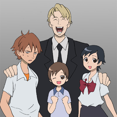 david, david (blood+), miyagusuku kai, miyagusuku riku, otonashi saya, blood+, lowres, 00s, 1girl, 3boys, black hair, blonde hair, brown eyes, brown hair, formal clothes, laughing, multiple boys, school uniform, serafuku, short hair, suit
