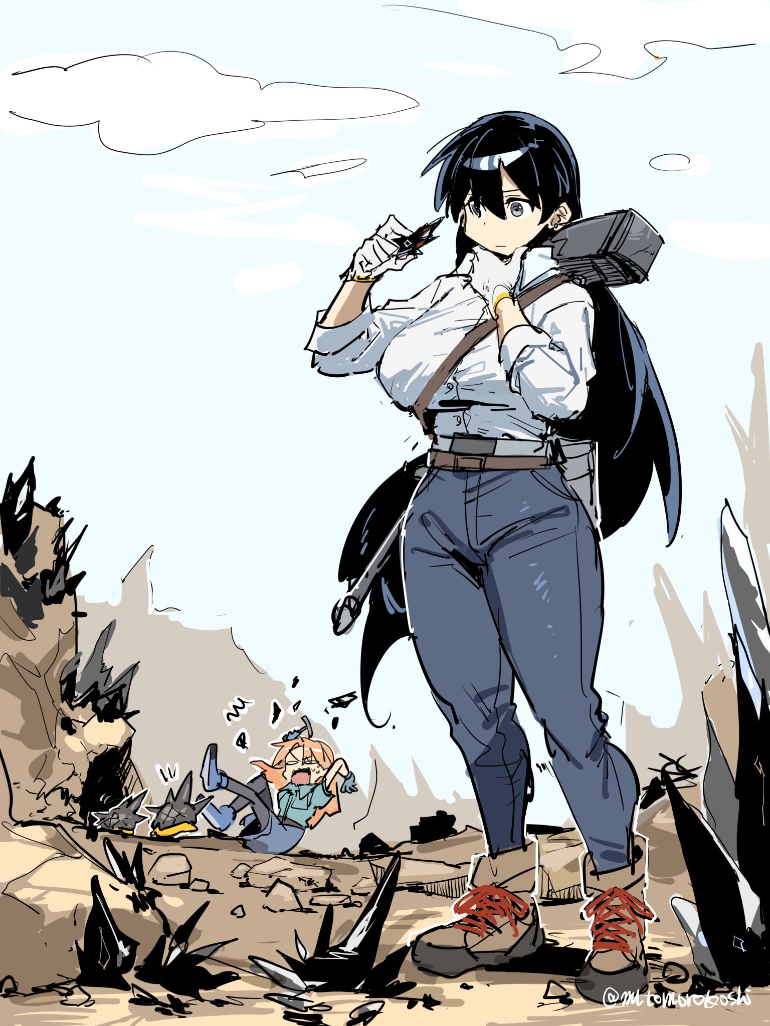 mutomorokoshi, arato nagi, originium slug (arknights), tanigawa ruri, arknights, ruri no houseki, highres, 2girls, belt, black hair, black pantyhose, blue pants, blue shoes, blue skirt, blue sky, breasts, brown belt, crossover, day, full body, gloves, large breasts, long hair, multiple girls, open mouth, originium (arknights), outdoors, pants, pantyhose, shirt, shoes, skirt, sky, standing, twitter username, very long hair, white gloves, white shirt