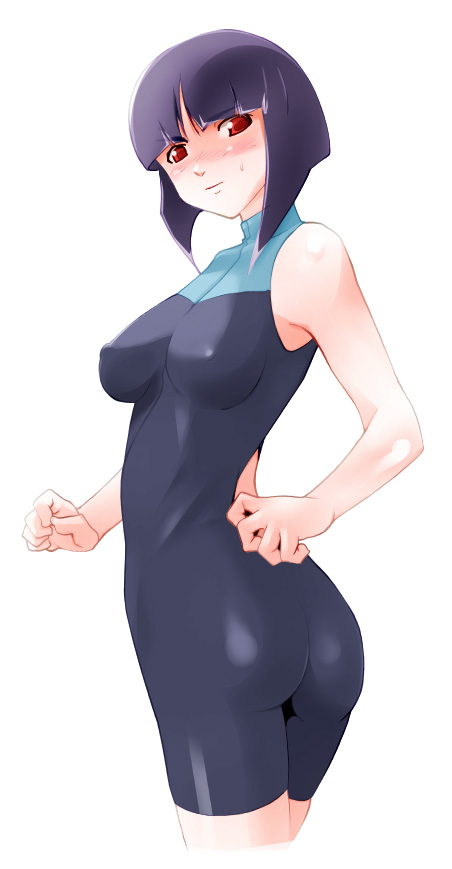 miito shido, ester ein astrada, kenran butou sai, 00s, 1girl, bare shoulders, blunt bangs, bob cut, female focus, latex, purple hair, red eyes, short hair, sidelocks, sleeveless, sleeveless turtleneck, solo, turtleneck