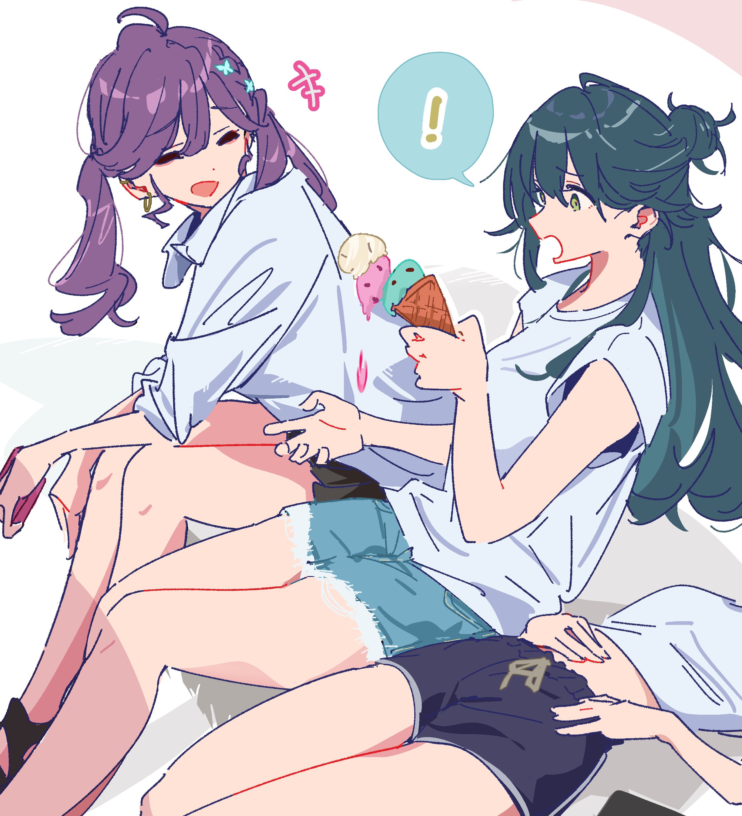 atenaba, hataya misuzu, kaya rinha, tsukimura temari, gakuen idolmaster, idolmaster, absurdres, highres, 3girls, ahoge, black skirt, blue hair, blue shorts, closed eyes, green eyes, hair between eyes, holding, holding ice cream cone, ice cream cone, long hair, lying, midriff, multiple girls, on back, open mouth, purple hair, school uniform, shirt, short sleeves, shorts, sitting, skirt, spilling, three-quarter sleeves, twintails, white shirt