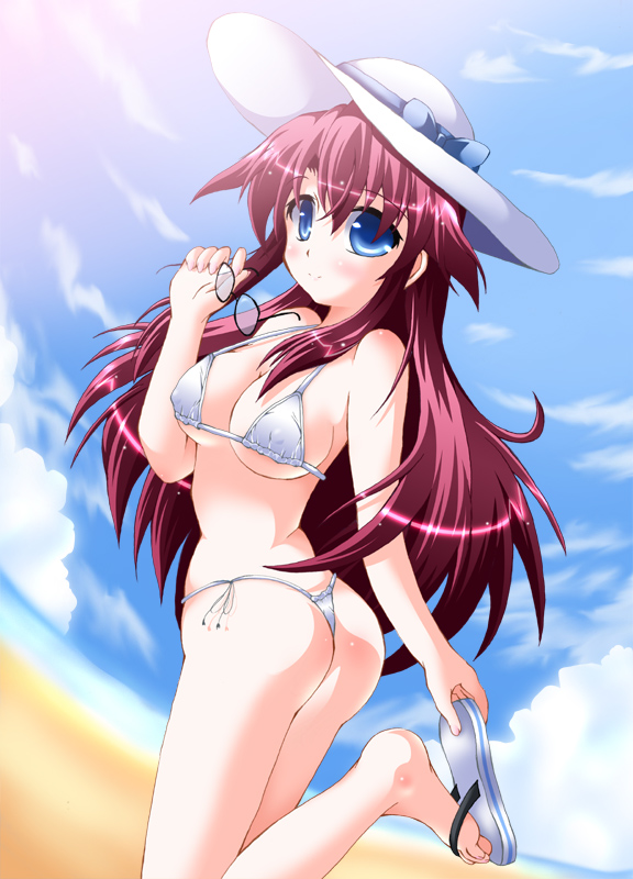 futaba shion, utanone shion, aty, aty (summon night), summon night, summon night 3, 1girl, ass, beach, bikini, blue eyes, breasts, cloud, covered erect nipples, day, female focus, flip-flops, glasses, hat, long hair, medium breasts, outdoors, purple hair, red hair, sandals, side-tie bikini bottom, sky, solo, swimsuit, white bikini