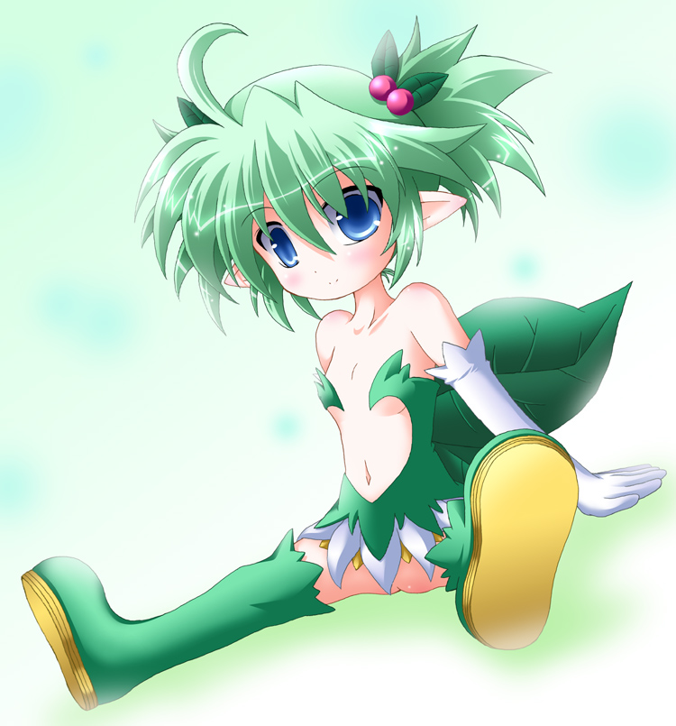 futaba shion, utanone shion, konoha (shinrabanshou), shinrabanshou, 1girl, blue eyes, boots, elf, female focus, flat chest, foreshortening, gloves, green boots, green hair, leaf, loli, pointy ears, solo, thighhighs, twintails