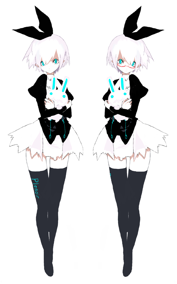 sanada taketo, pleinair, usagi, usagi-san, original, 2girls, aqua eyes, black thighhighs, glasses, hair ribbon, multiple girls, rabbit, red-framed eyewear, ribbon, siblings, stuffed animal, stuffed rabbit, stuffed toy, symmetry, thighhighs, twins, white hair, zettai ryouiki
