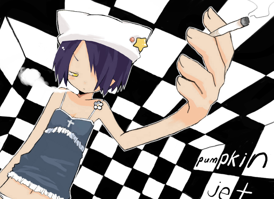 sanada taketo, arue, original, 1girl, animal ear headwear, animal ears, camisole, cigarette, cross, fake animal ears, female focus, flower, foreshortening, half-closed eyes, hat, latin cross, solo, white hat, yellow eyes