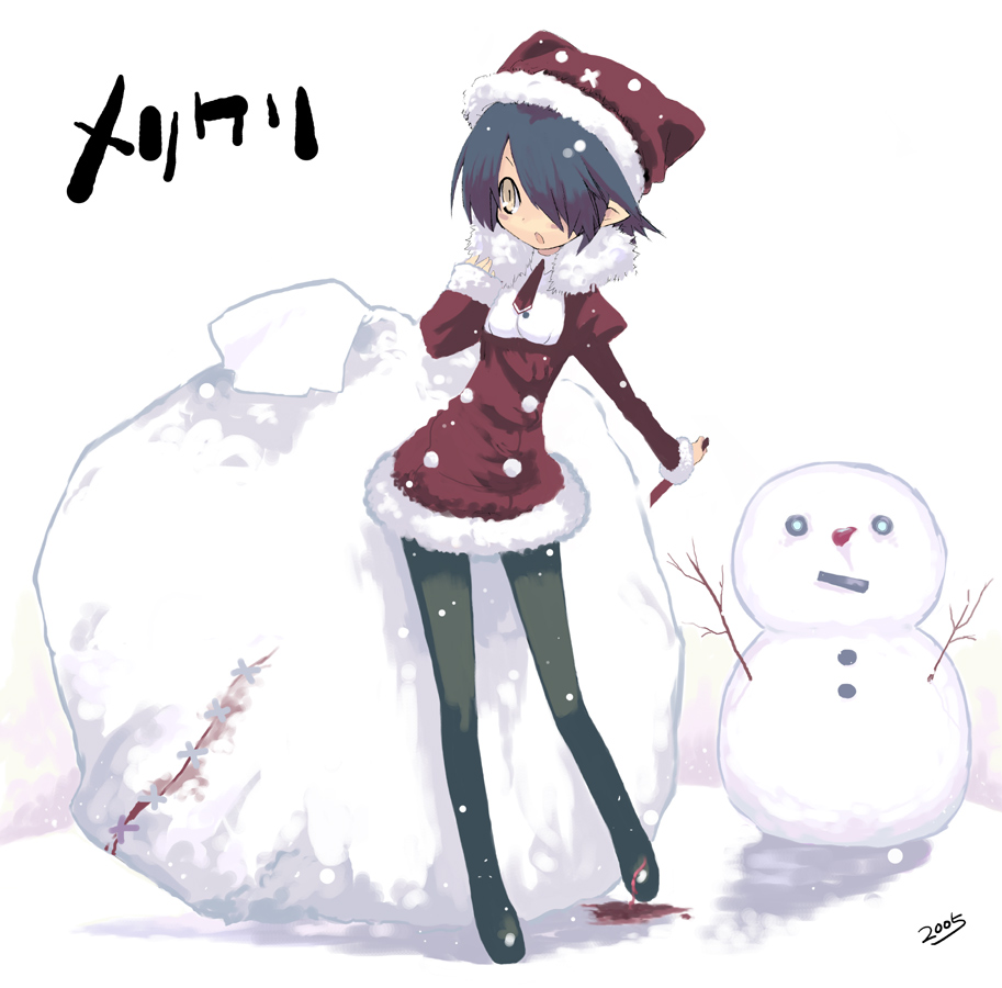 sanada taketo, arue, original, 1girl, black hair, blood, christmas, female focus, hat, knife, pantyhose, pointy ears, santa costume, snowman, solo, thighhighs