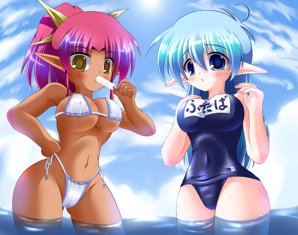 futaba shion, utanone shion, 2girls, beach, bikini, blue eyes, blue hair, breasts, dark-skinned female, dark skin, day, elf, food, huge breasts, multiple girls, name tag, ocean, one-piece swimsuit, outdoors, pointy ears, popsicle, red hair, school swimsuit, side-tie bikini bottom, swimsuit, water, yellow eyes