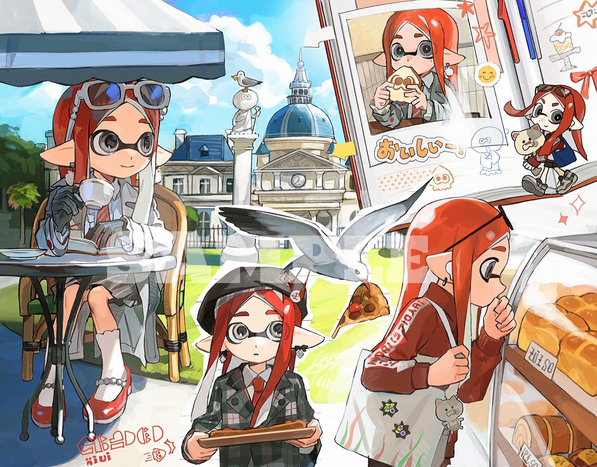 miko (15476997), inkling girl, inkling player character, li'l judd (splatoon), nintendo, splatoon (series), commentary, highres, symbol-only commentary, 1girl, bag, bag charm, bird, black gloves, bread, bread slice, character charm, charm (object), chibi, chibi inset, coat, collared shirt, cup, earrings, eating, eyewear on head, food, food in mouth, gloves, grey coat, grey eyes, grey skirt, holding, holding cup, holding food, holding plate, holding strap, inkling, jacket, jewelry, long hair, mole, mole under eye, multiple views, necktie, open clothes, open coat, parted bangs, pizza, pizza slice, plate, pointy ears, red hair, red jacket, red necktie, red shoes, sample watermark, seagull, shirt, shoes, shoulder bag, sitting, skirt, socks, tentacle hair, watermark, white-framed eyewear, white bag, white shirt, white socks