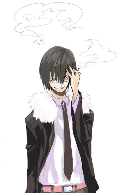 sanada taketo, 1boy, cigarette, cross, glasses, latin cross, male focus, necktie, solo